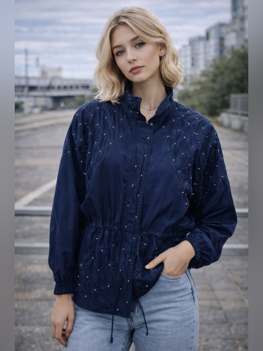 Vintage Women’s Studded Navy Blue Cinch Retro Windbreaker
